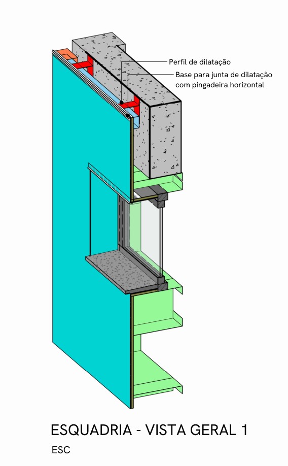 Vista geral em perspectiva de uma esquadria na fachada, com o perfil de dilatação e a base para junta com pingadeira horizontal