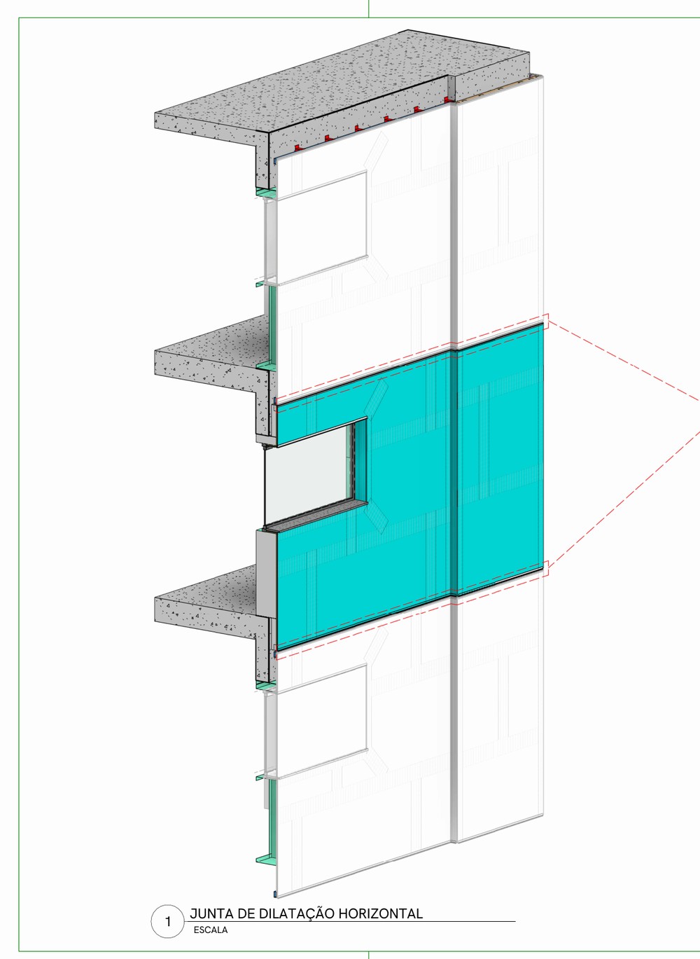 Corte em perspectiva da fachada atravessando três lajes, com o painel destacado e a junta de dilatação horizontal entre pavimentos