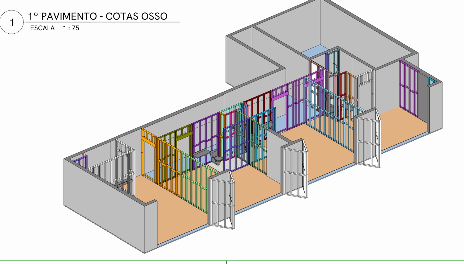 Vista em perspectiva de um pavimento com as paredes internas em Light Steel Frame montadas dentro da estrutura de concreto, cada painel numa cor