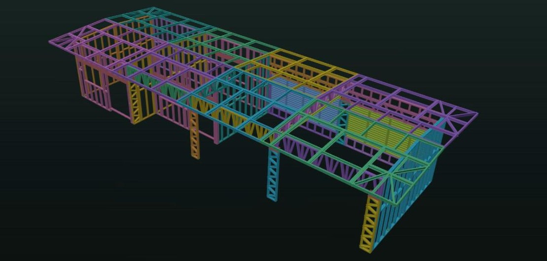 Vista 3D de uma obra em Light Steel Frame modelada no iÁgil LSF
