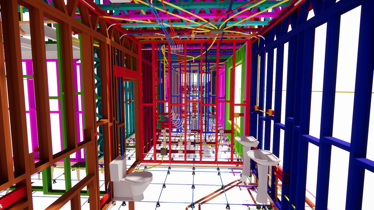 Interior de um modelo BIM em Light Steel Frame: banheiro com a estrutura de perfis e as instalações elétricas e hidráulicas compatibilizadas, cada sistema numa cor